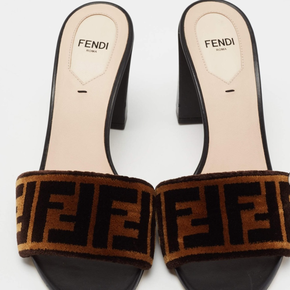 Fendi Brown/Black Zucca Velvet Block Heel Slide Sandals